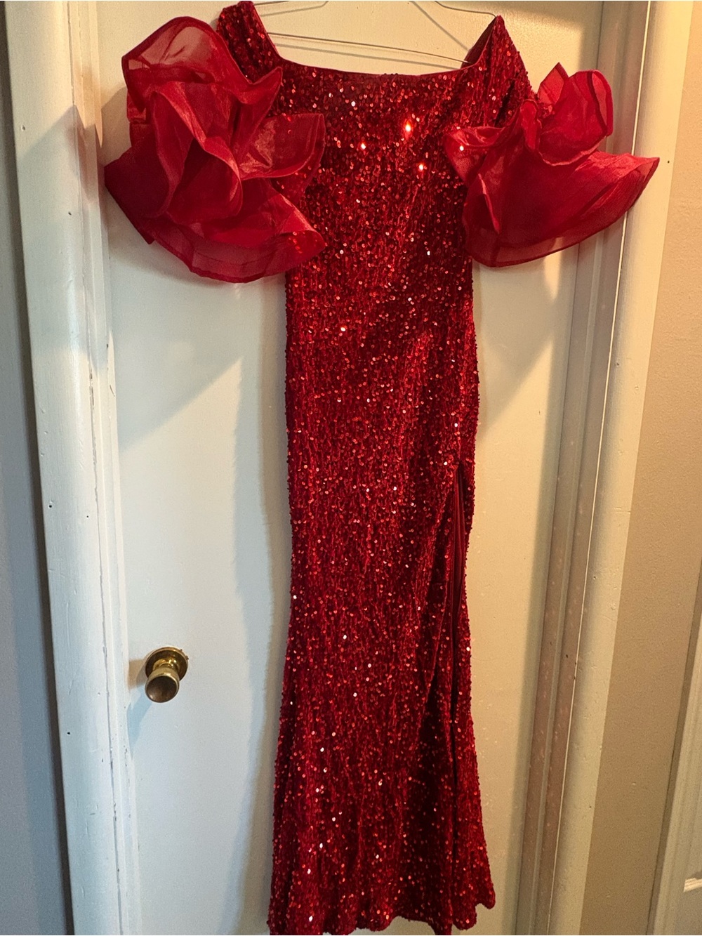 Faeriesty Red Sequin Off-Shoulder Ruffle Gown